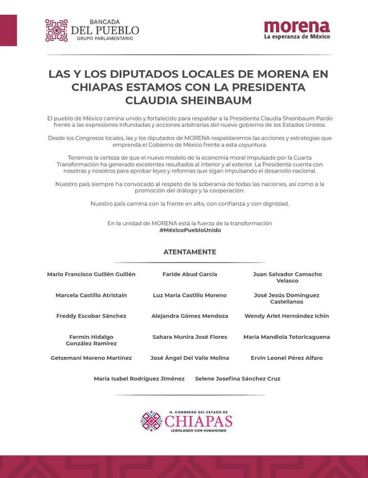 Diputados locales de MORENA en Chiapas, están con la presidenta Claudia Sheimbaum