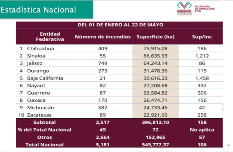 Chiapas, fuera de las 10 entidades con mayor superficie afectada por incendios forestales en 2025