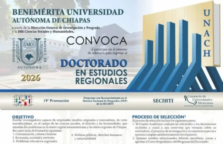 Abierta la convocatoria de ingreso Doctorado en Estudios Regionales que se imparte en la UNACH